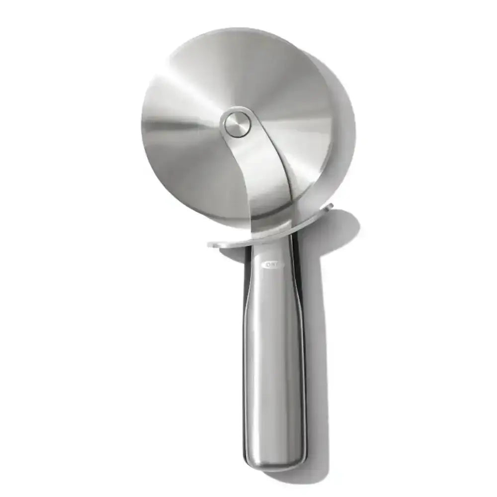 Silver stainless steel pizza cutting wheel by Oxo with a sleek ergonomic handle and circular blade for easy slicing