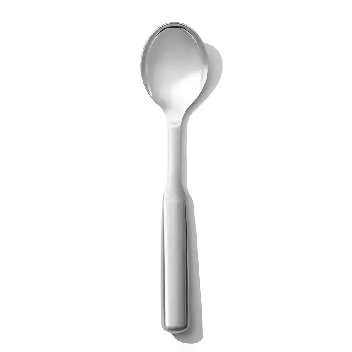 Oxo stainless steel serving spoon with a sleek polished finish and a modern rectangular handle design