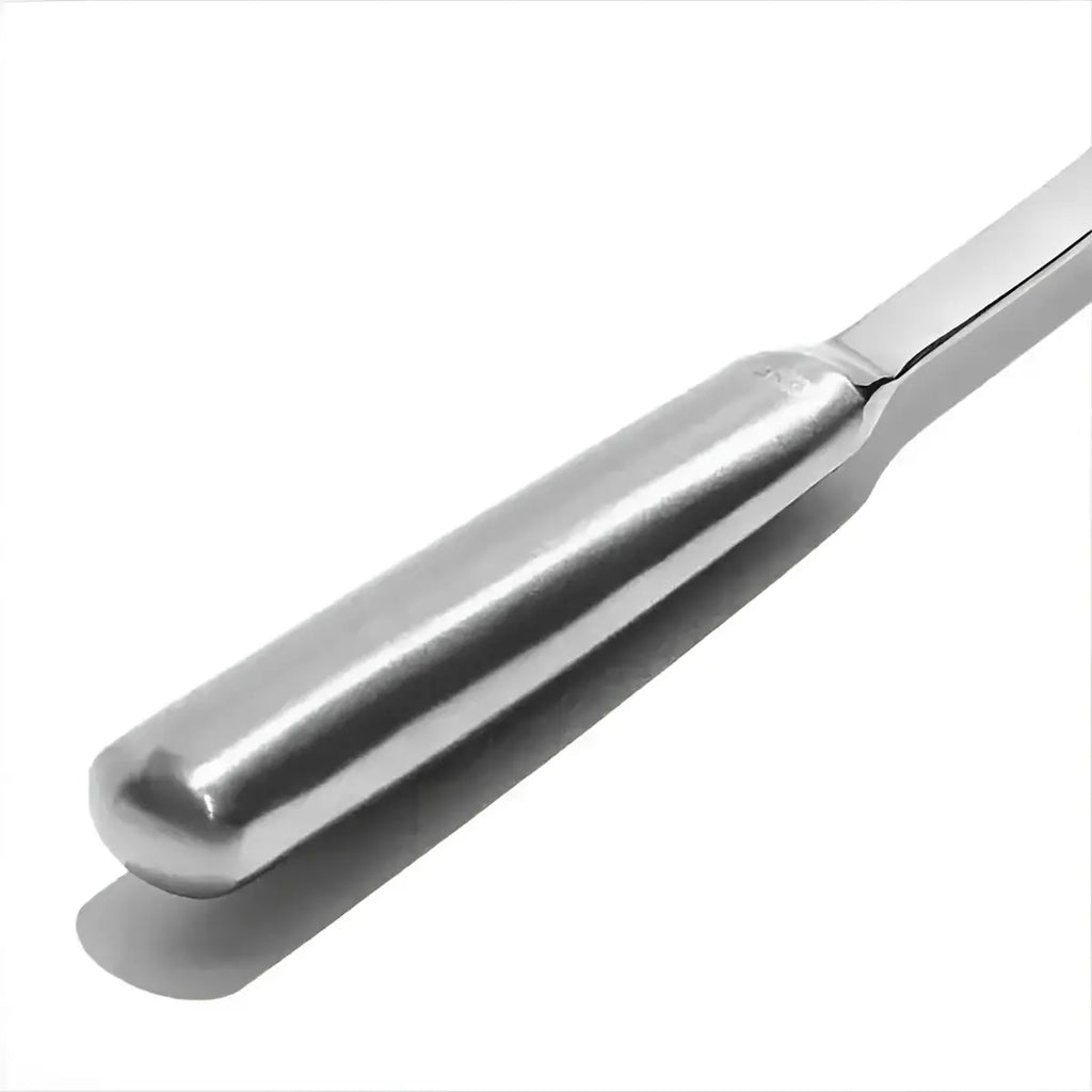 Oxo stainless steel serving spoon with polished cylindrical handle and straight blade for serving food