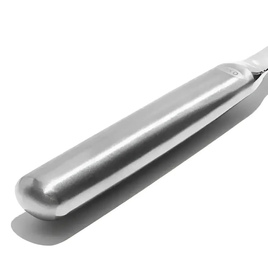 Oxo stainless steel slotted serving spoon with a shiny cylindrical handle and smooth polished finish