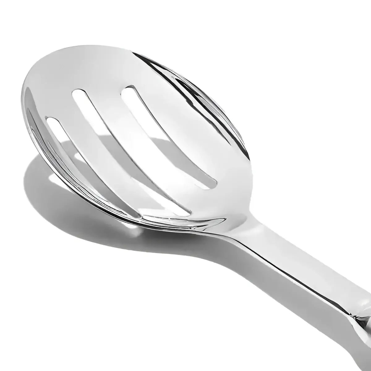 Oxo stainless steel slotted serving spoon in shiny metal with three parallel slots for draining liquids