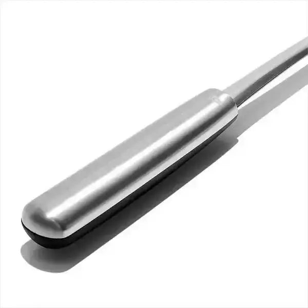 Oxo stainless steel spaghetti server with a sleek cylindrical handle and black rubberized grip at the base