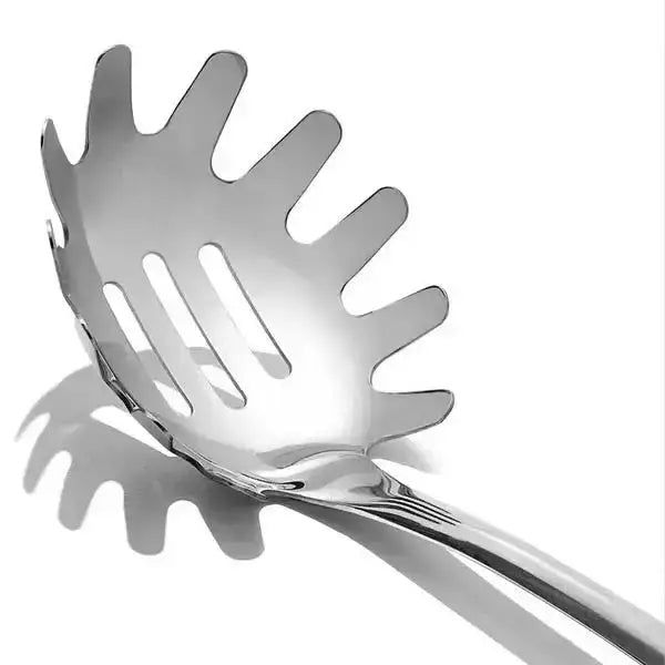 Oxo stainless steel spaghetti server with shiny silver finish leaf shaped ridged design and long handle for serving pasta