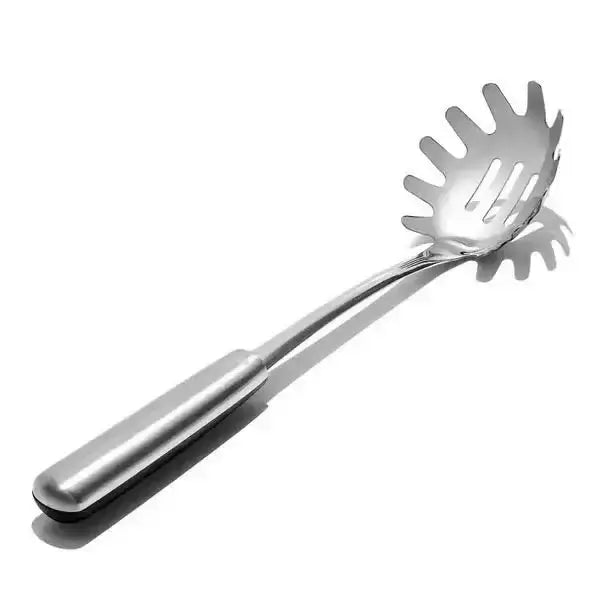 Oxo stainless steel spaghetti server with sleek polished finish and leaf-shaped head with multiple slots for tossing pasta