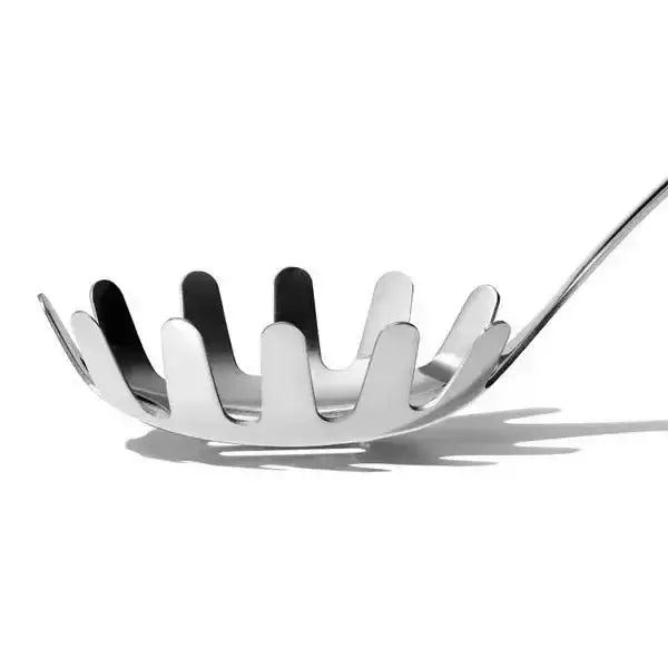 Oxo stainless steel spaghetti server with sleek polished reflective surface and evenly spaced curved tines