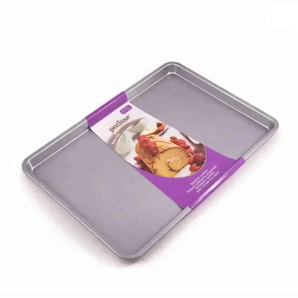Baking tray with a purple packaging label on a white background