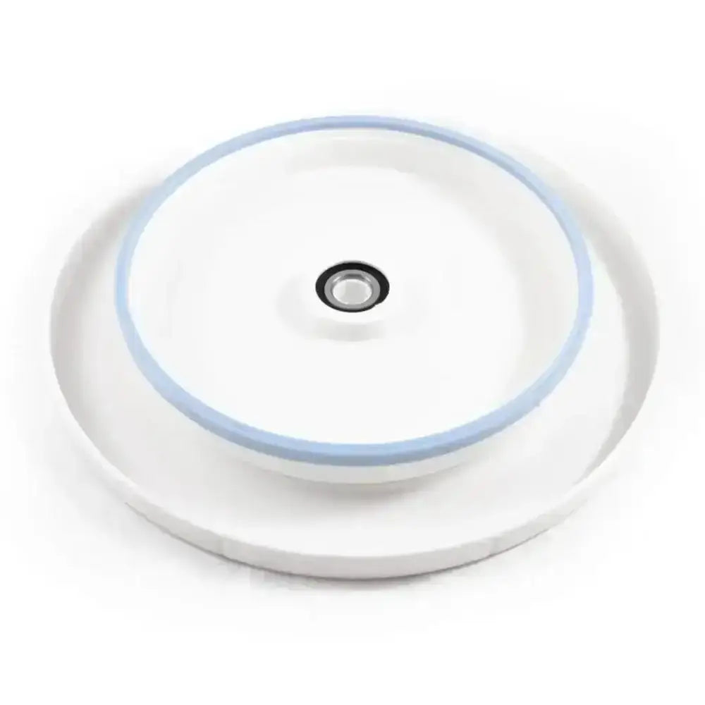 Round white object with blue light on a white background