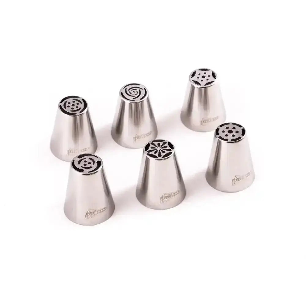 Set of six metal piping nozzles on a white background