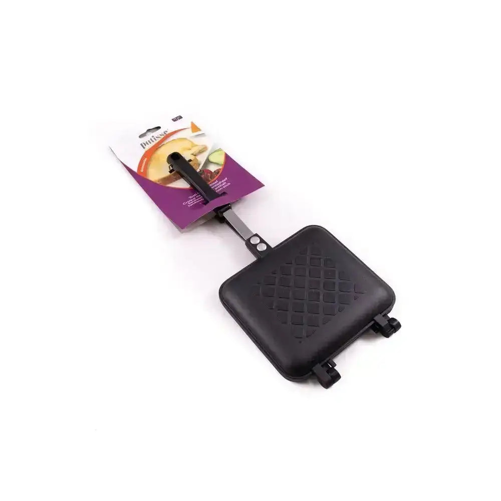 Black waffle maker with packaging on a white background