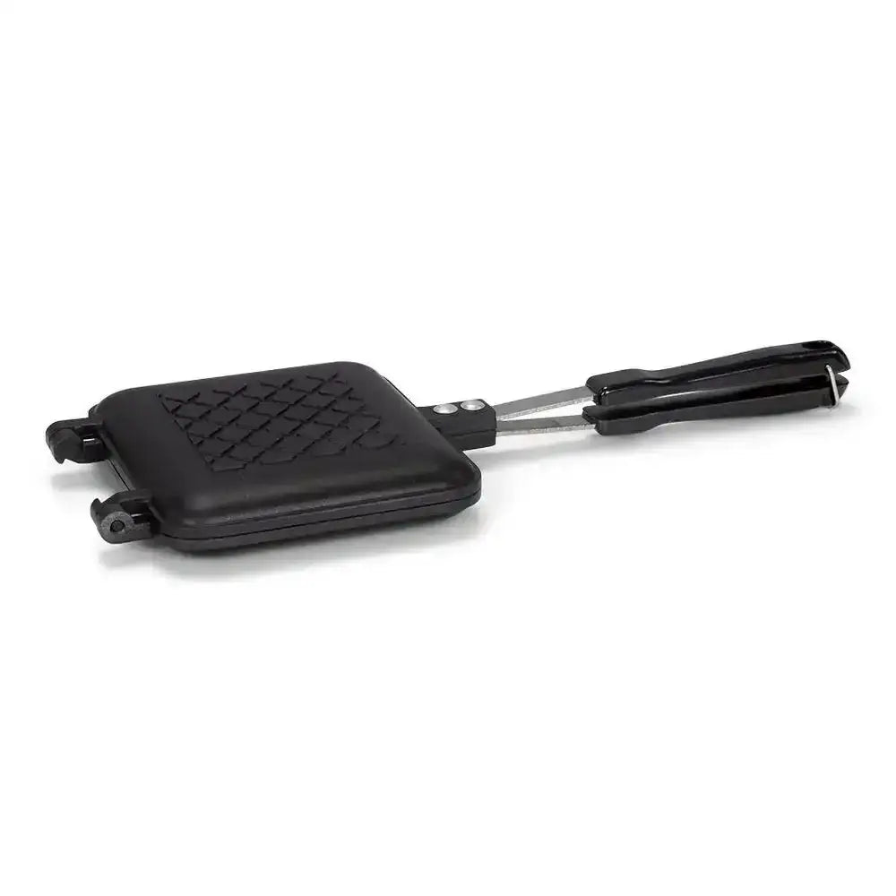 Black waffle maker on a white background