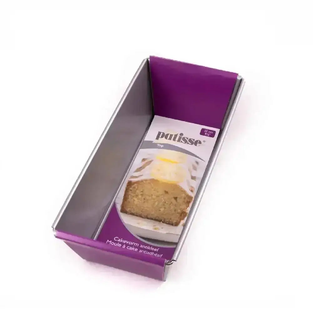 Metal cake pan with purple packaging featuring a loaf of bread on a white background
