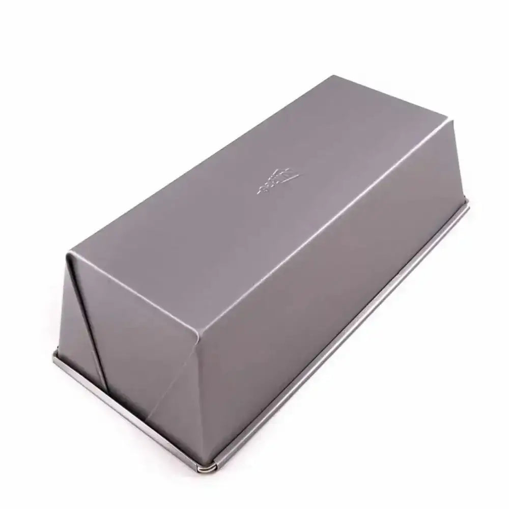 Gray rectangular box with a brand logo on a white background