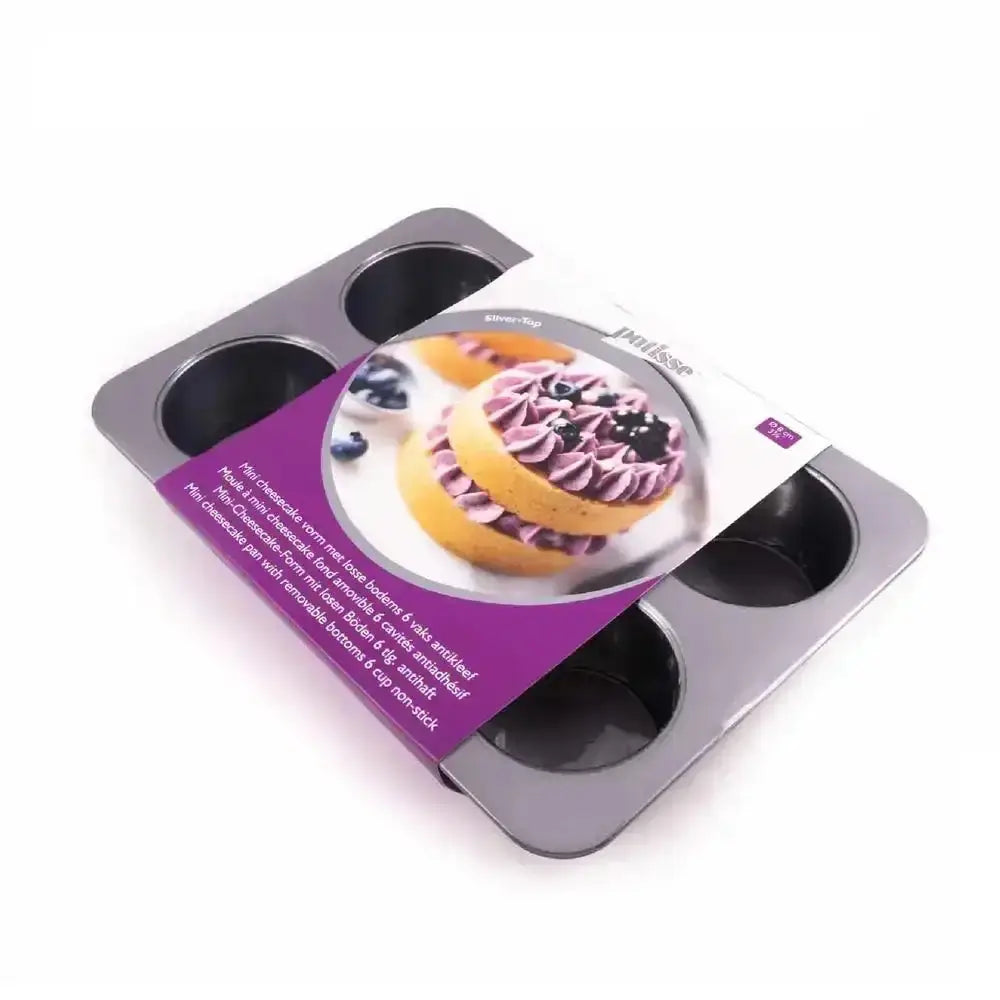 Gray non-stick patisse mini cheesecake pan with six removable cup inserts for baking individual cheesecakes