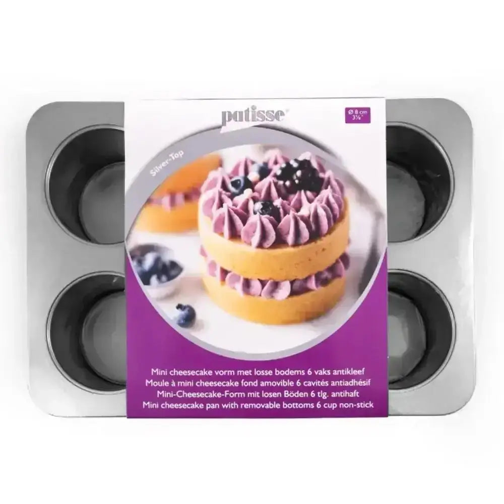 Patisse silver six-cup mini cheesecake pan with removable bottoms and non-stick coating for easy baking