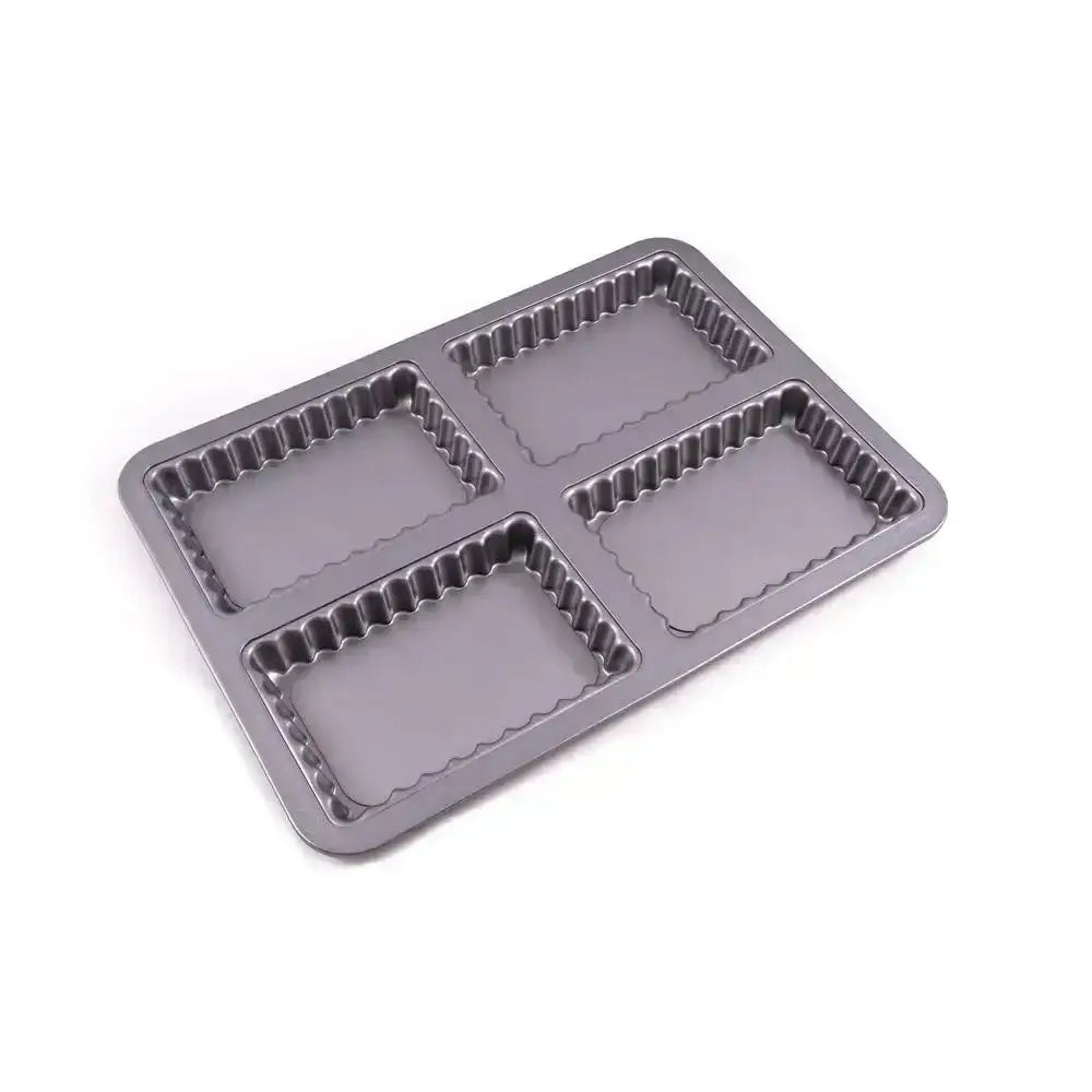 Gray rectangular cake pan with four compartments on a white background