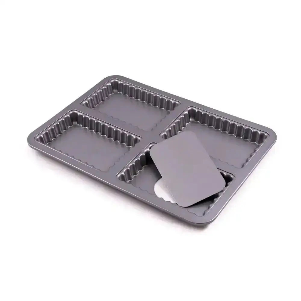 Gray rectangular cake pan with four compartments on a white background