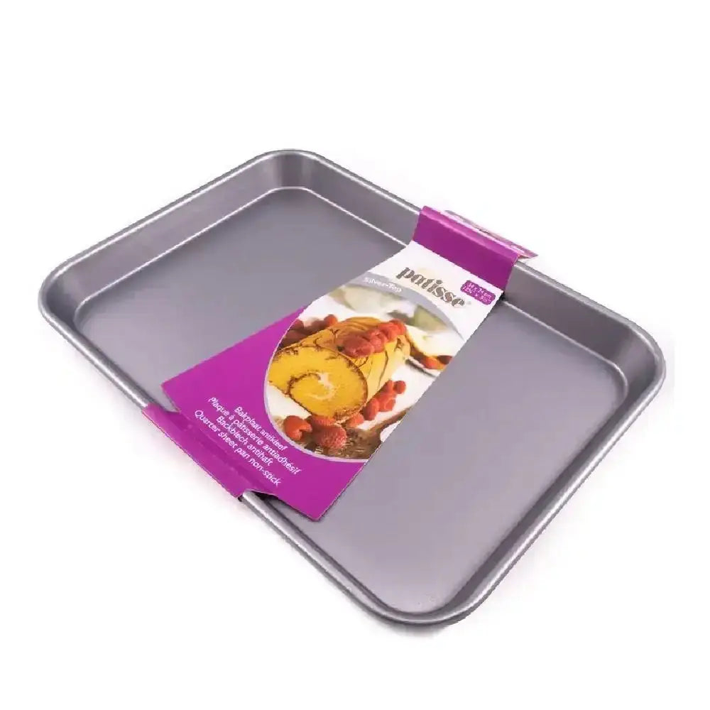 Baking tray with a purple packaging label on a white background