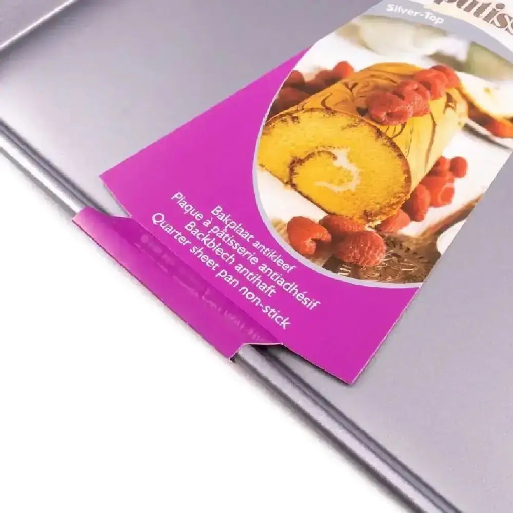 Baking sheet with a pink Multisheet brand packaging featuring a dessert image.