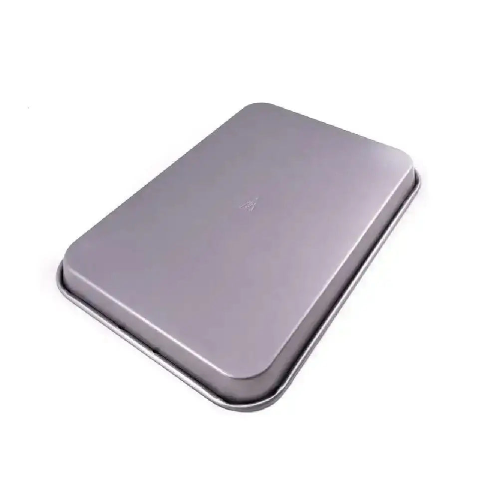 Metallic silver rectangular object on a white background