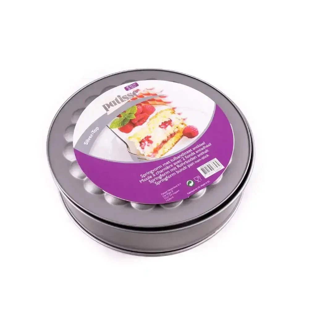 Round metal cake pan with a purple label featuring a cake image on a white background