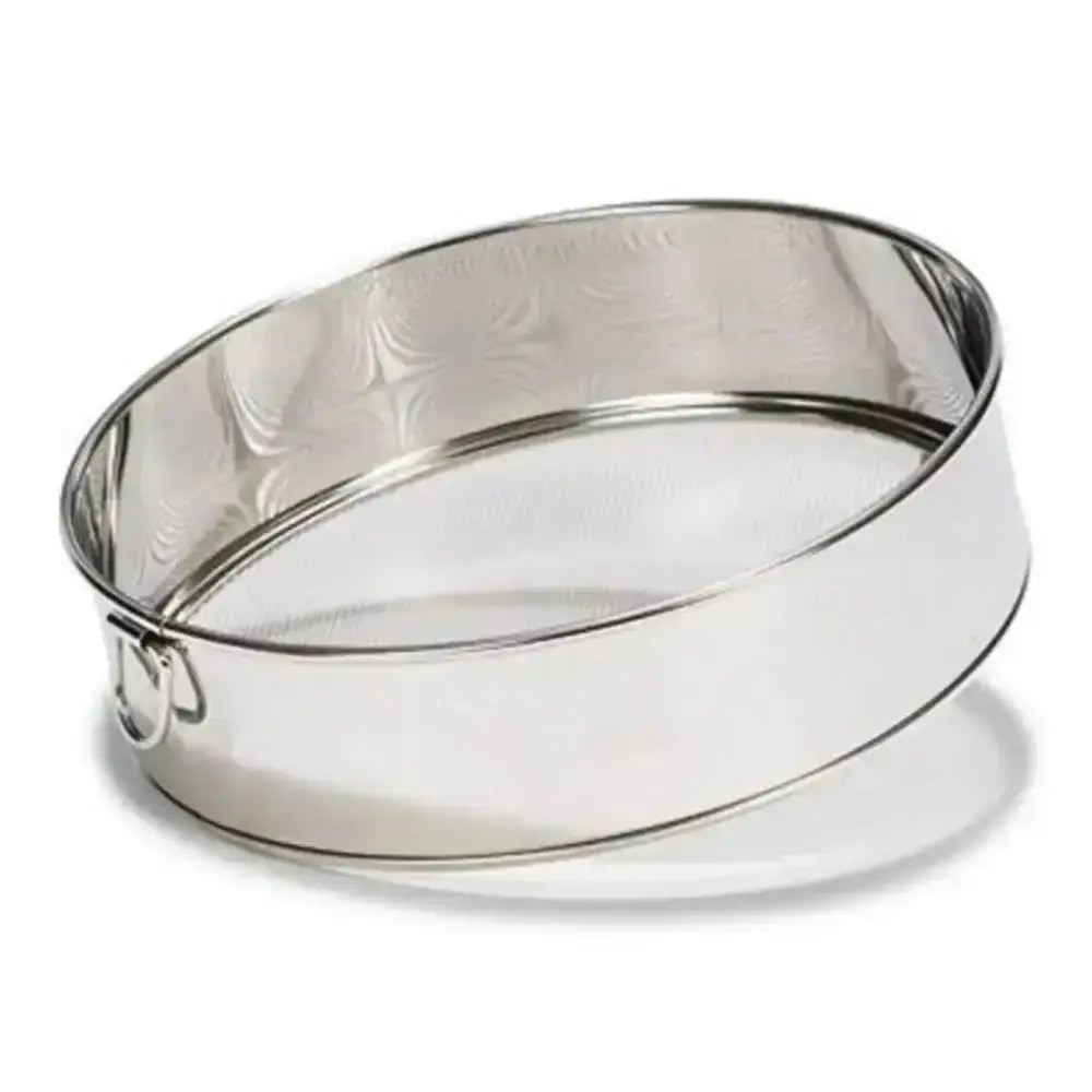 Metal flour sifter drum on a white background