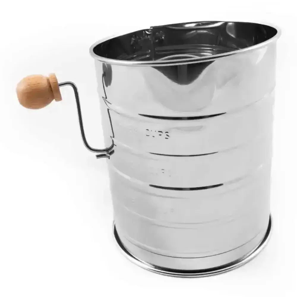 Metal flour sifter with wooden handle on a white background
