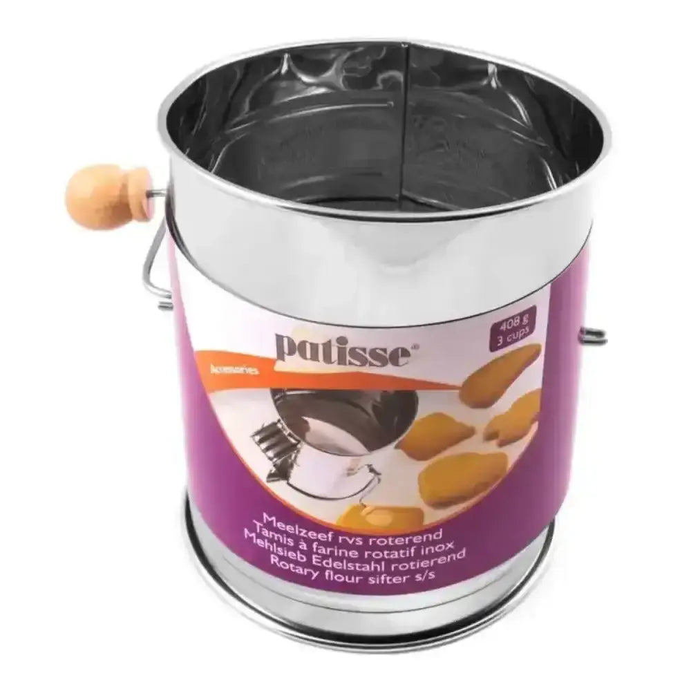 Metal flour sifter with Putisse branding on a white background