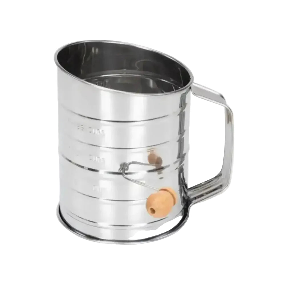 Metal flour sifter with wooden handles on a white background