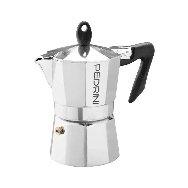 Silver metallic Pedrini moka pot with black plastic handle and knob for stovetop espresso brewing 3 cup capacity