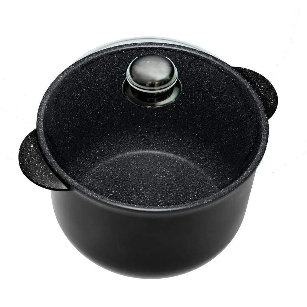 Black speckled pentolpress granit non-stick stock pot 5.0l with clear glass lid and silver knob