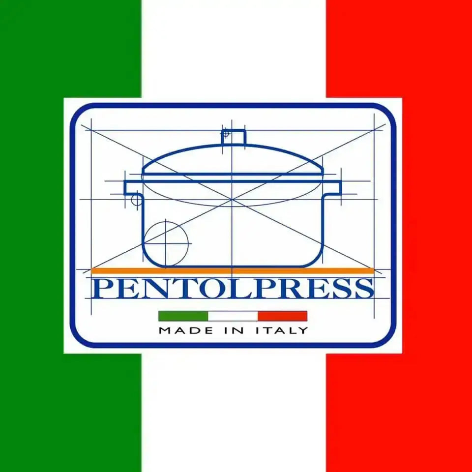 Pentolpress Granit non-stick stock pot 5.0L logo featuring a blue line cooker with orange and Italian flag colors