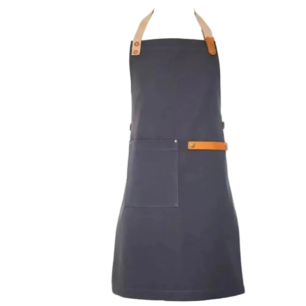 Dark blue apron with brown leather straps on a white background