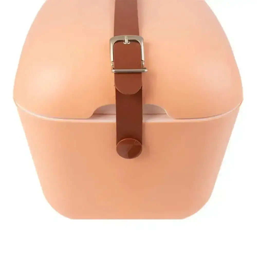 Polarbox classic retro cooler box naranja rose 12l in peach with rounded shape brown leather strap and silver buckle