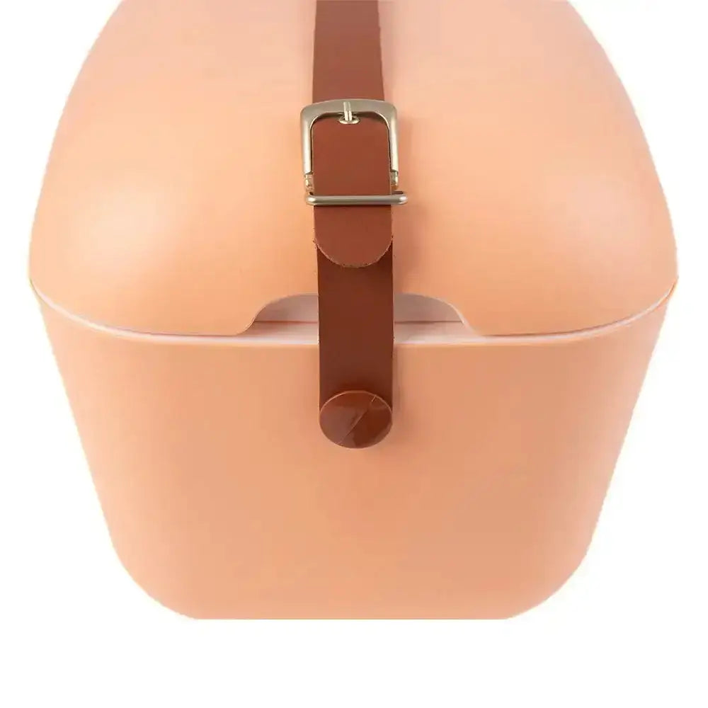 Beige rectangular polarbox classic retro cooler box with brown leather strap and silver buckle in 20l capacity
