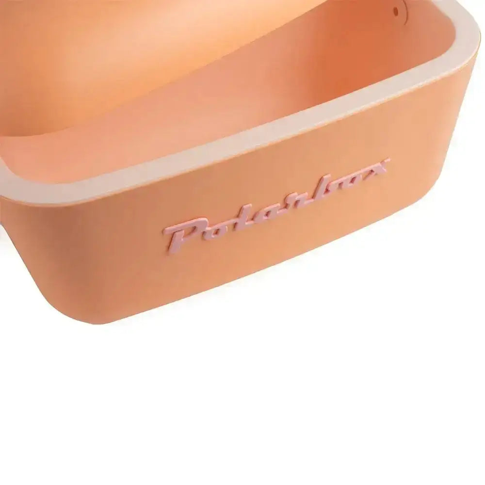 Peach silicone bread loaf pan with white rim and polarbox embossed in pink for Polarbox classic retro cooler box naranja rose 20l