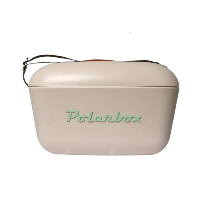 Cream-colored polarbox classic retro cooler box with matte finish black strap made from expanded polystyrene 12L capacity
