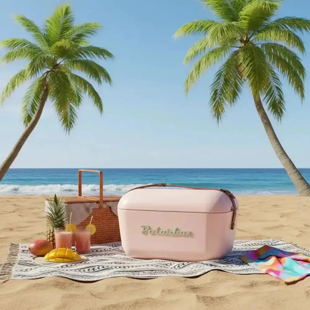 Pink polarbox classic retro cooler box 12l with metallic handle and visible polarbox brand logo on the front side