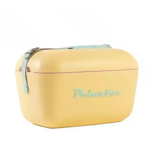 Yellow 12L cooler box with pastel blue strap and logo, insulated lunch or picnic container