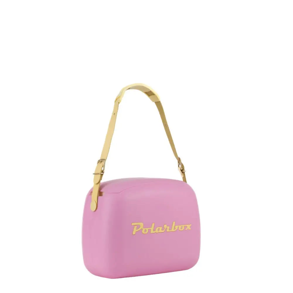 Pink carrying case with gold strap and 'Polarbox' branding on a white background