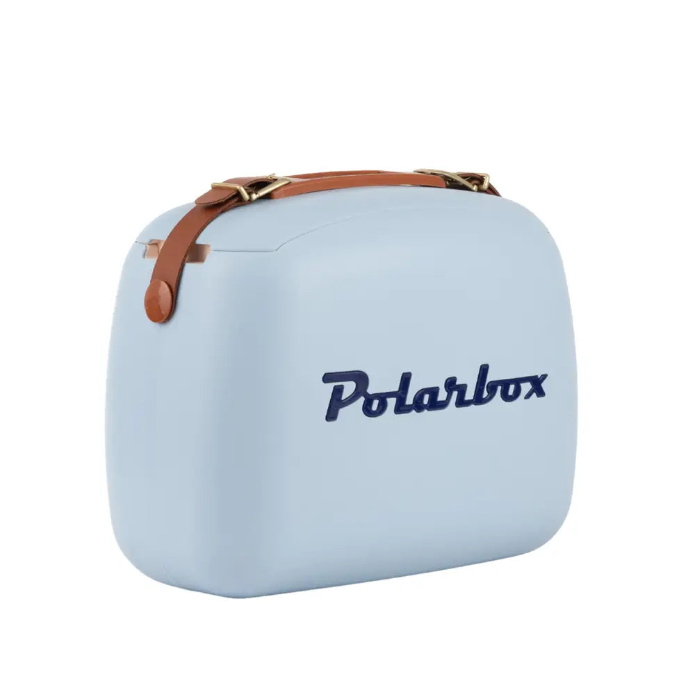Light blue polarbox retro coolerbag lunchbox with brown leather strap and gold-tone hardware 6l denim style