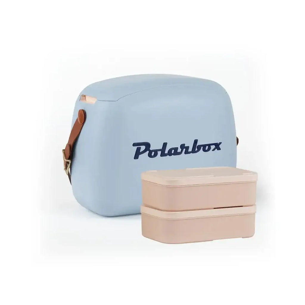 Light blue polarbox retro coolerbag lunchbox with brown leather strap and beige stackable bento boxes in front