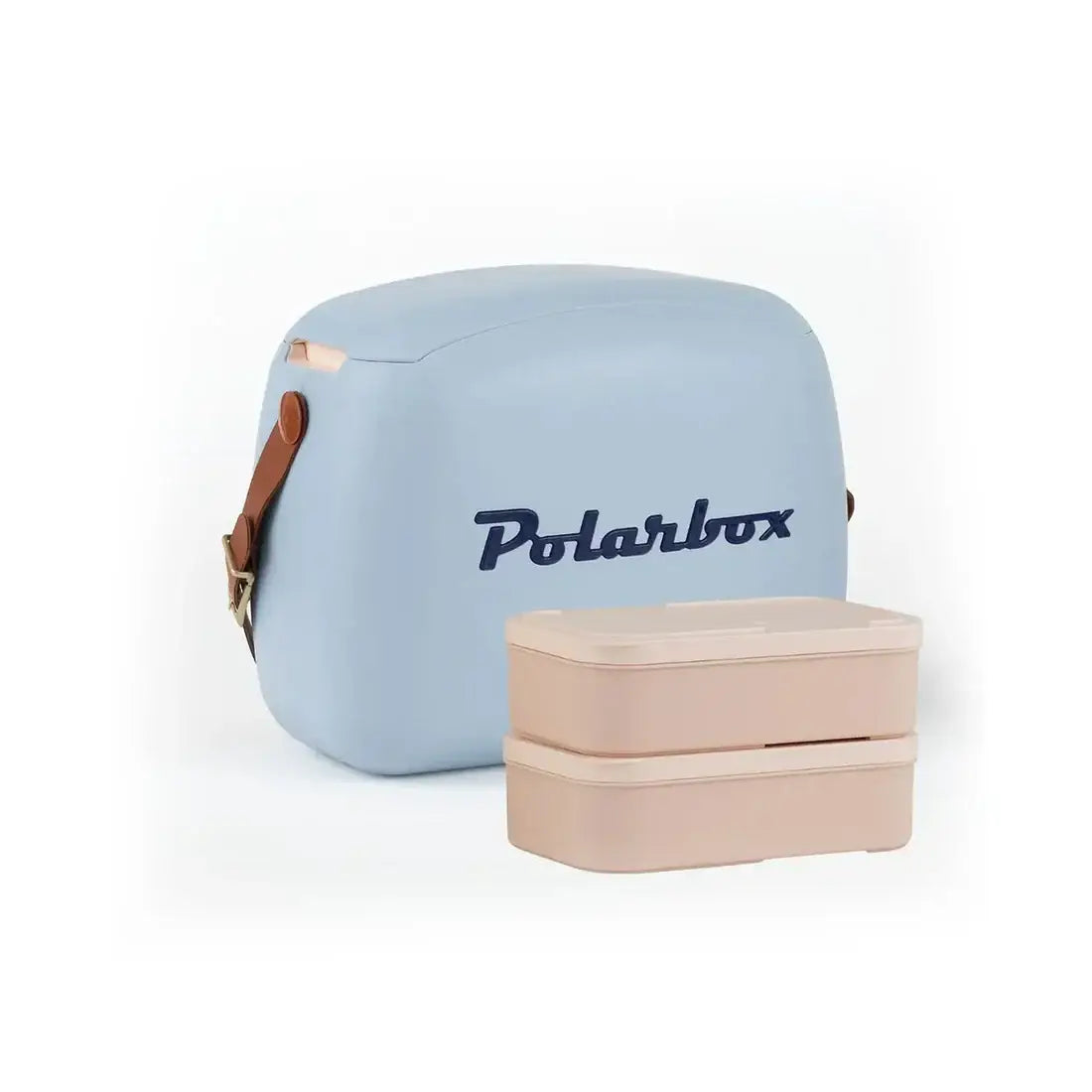 Light blue polarbox retro coolerbag lunchbox with brown leather strap and beige stackable bento boxes in front