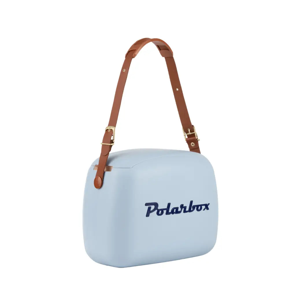 Light blue polarbox retro coolerbag with brown leather strap and gold hardware coolerbag lunchbox denim blue 6l