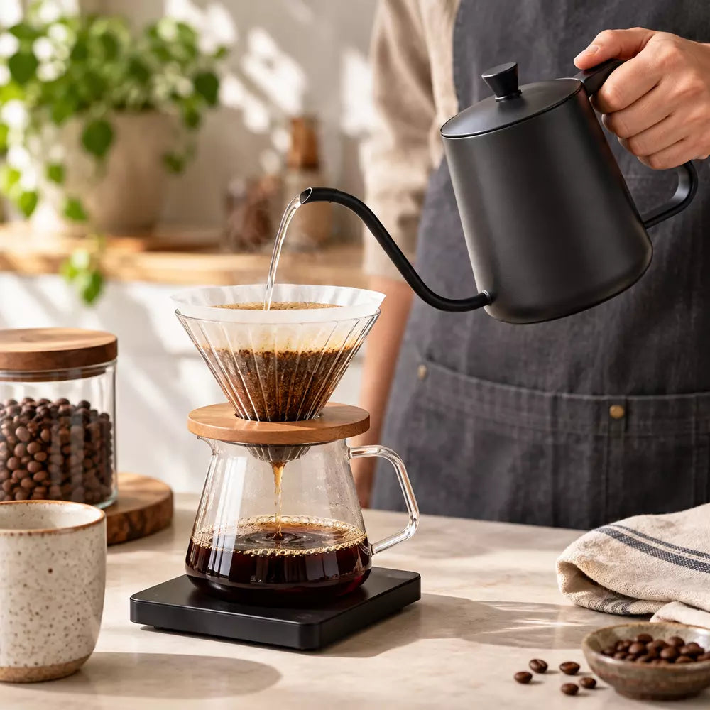 brewtool gooseneck pour over kettle pouring water into v60 coffee dripper making coffee on a coffee scale