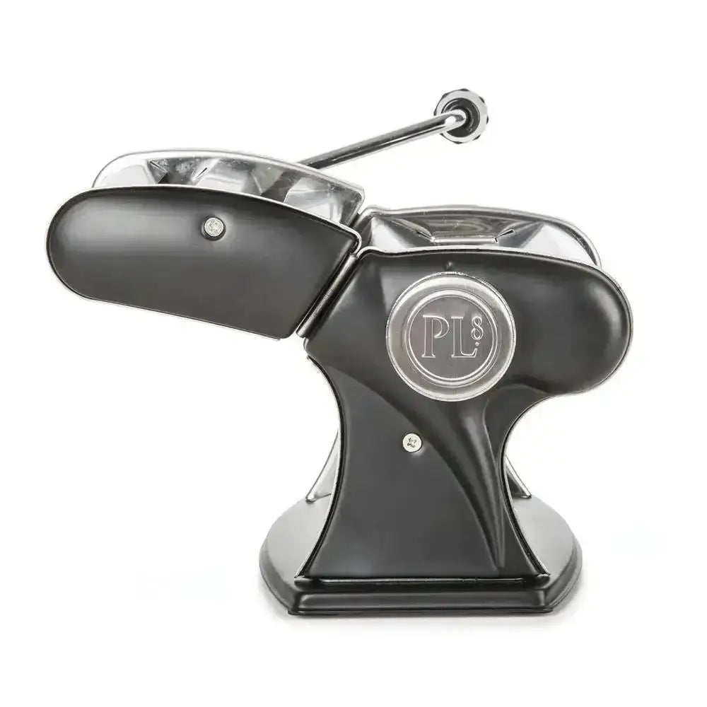 Black pasta maker with a visible brand logo on a white background
