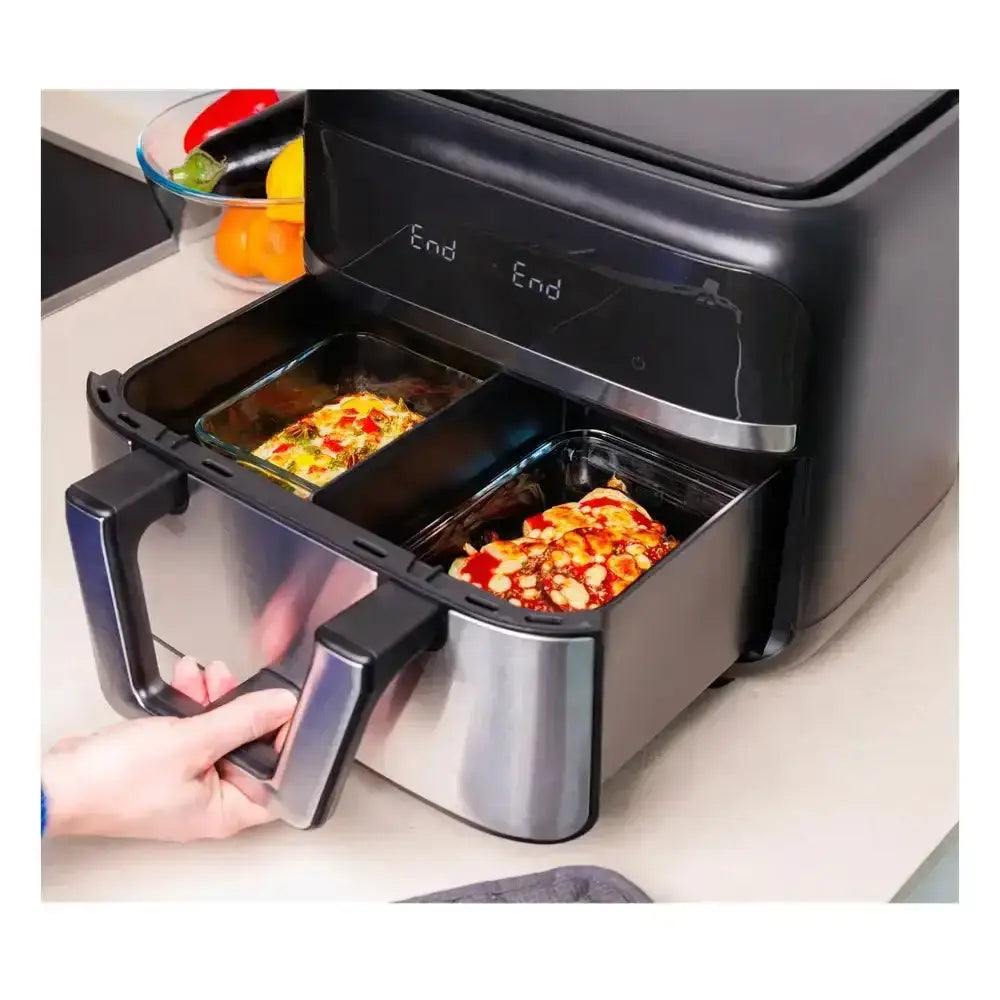Black and stainless steel air fryer with digital display showing end and pyrex glass rectangular airfryer dish 1.2l