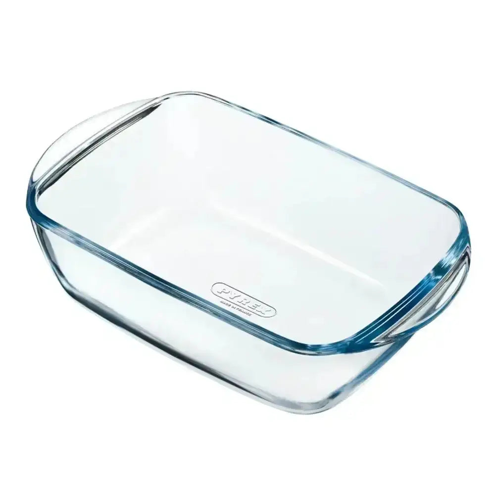 Clear glass pyrex rectangular airfryer dish 1.2l with rounded corners and integrated handles for baking use