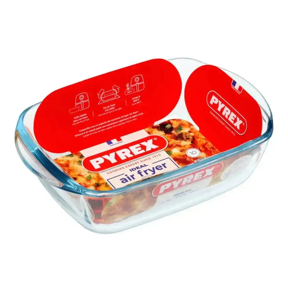 Clear glass pyrex rectangular airfryer dish 1.2L with red branding and blue rim ideal for baking and air frying