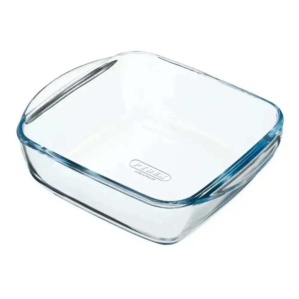 Clear glass square container with OXO logo on a white background