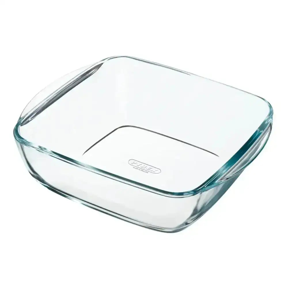 Clear glass pyrex glass square airfryer dish 2.2l with rounded corners and embossed logo on the base